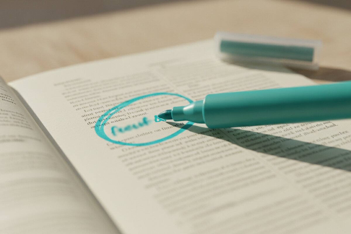 Close-up of a printed word list and highlighter representing a title case word reference guide