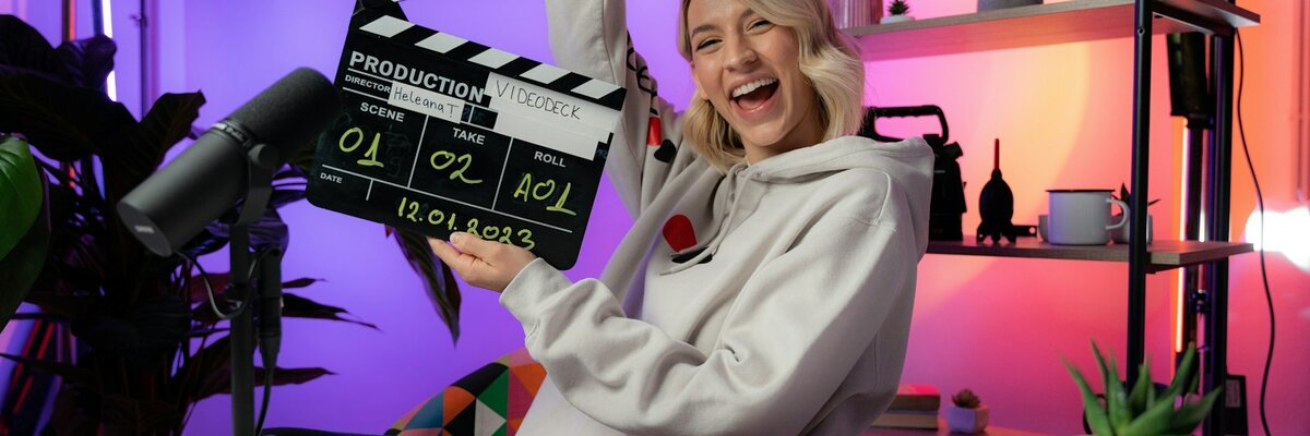 A video creator holding a clapperboard in front of a camera
